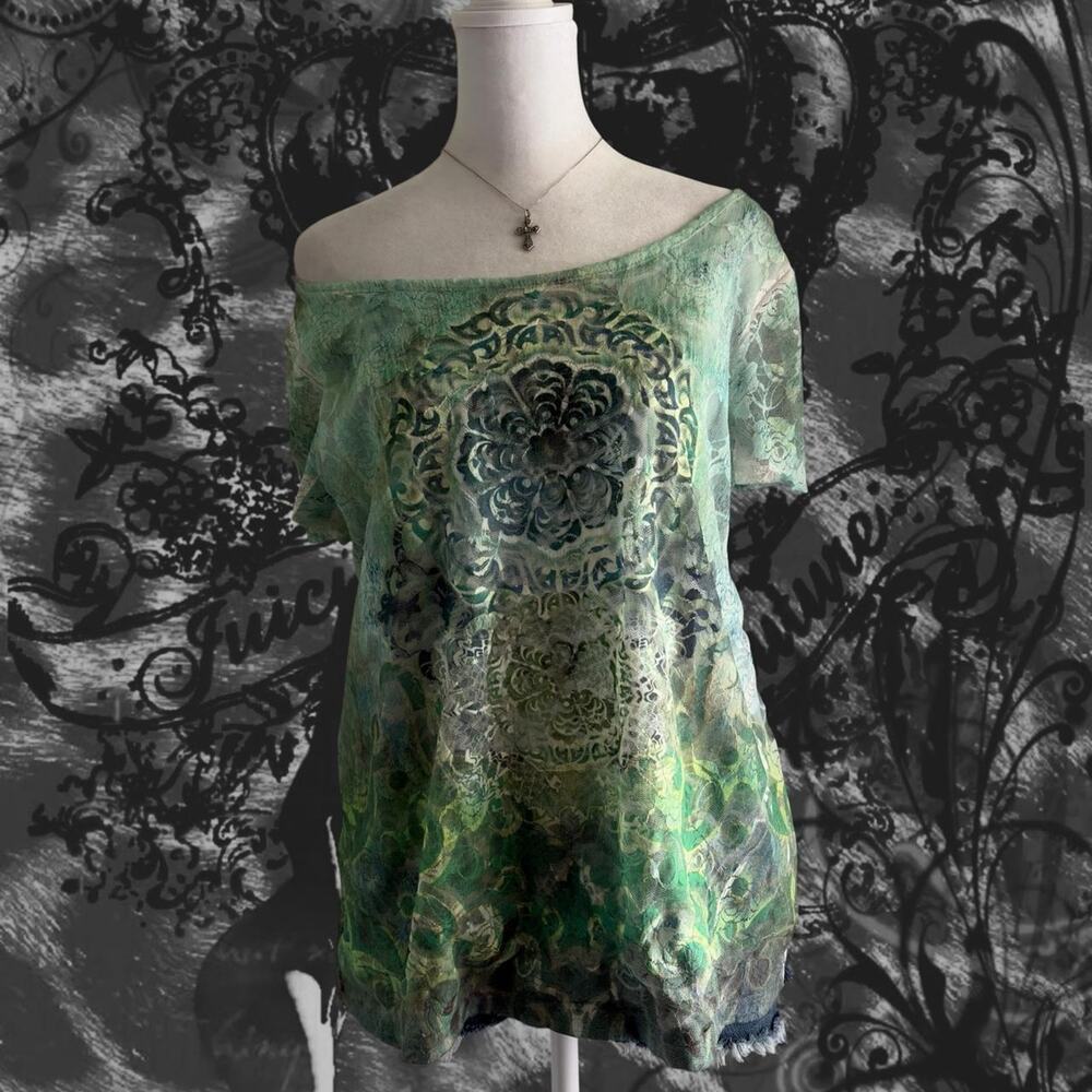 intricate baroque floral medallion white and green fairy boho grunge top